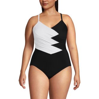 Lands End Slender Suit V-neck Pleated X-back One Piece Swimsuit Adjustable Straps in Black/white at Nordstrom, Size 22W