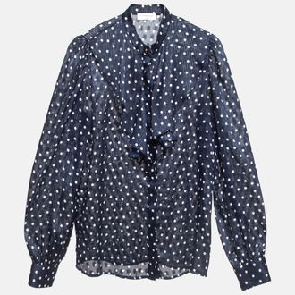 Sandro Navy Blue Metallic Thread Polka Dot Chiffon Shirt XS