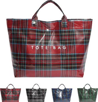 Generic Christmas Plaid PVC Tote Bag for Women, Spacious Letter Print Handbag, Durable Plastic Bag for Shopping (red)