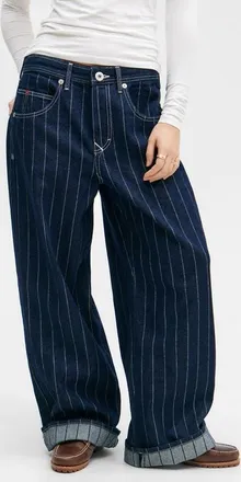 BDG Jaya Baseball Stripe Low Rise Wide Leg Jeans in Blue at Nordstrom, Size 24 32