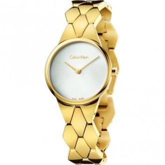 Calvin Klein Elegant Quartz Horloge met Witte Wijzerplaat en Roestvrijstalen Band - Dames - Horloges - Geel - ONE Size - Accessoires