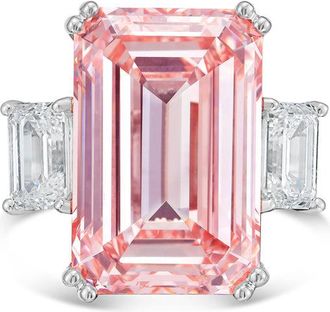 Diana M. Jewels Platinum Lab grown 6ct Fancy pink emerald diamond ring with emerald diamonds on the side and micropave band