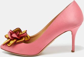 Charlotte Olympia Pink Satin Flower Detail Pointed Toe Pumps