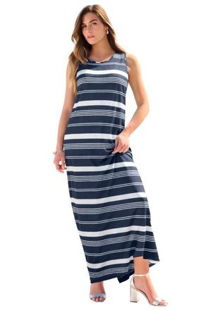 Roaman's Plus Size Sleeveless Crew Neck Maxi Dress in Navy Bold Stripes at Nordstrom, Size 36