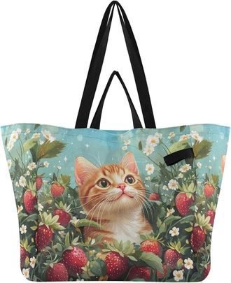 Generic Cats Strawberry Red print Reusable Canvas Tote Bag, Heavy Duty Grocery Shopping Bag with Double Handles Large Capacity Hard Bottom Work Groceries Trav