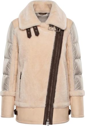 Moorer Beige jas met bruine lederen details - Dames - Winterjassen - Beige - 2XS - Leer - Jassen