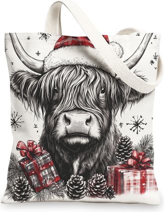 Generic Winter Merry Christmas Highland Cow Canvas Tote Bag for Shopping 13x15, Fun Vintage Xmas Animal Reusable Grocery Print Bag for Women, Happy Holiday Be