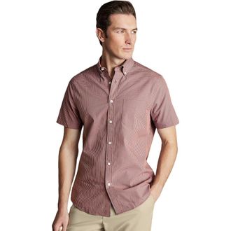 CHARLES TYRWHITT Slim Fit Light Button-Down Collar Non-Iron Stretch Poplin Mini Gingham Short Sleeve Shirt in Light Coral Pink at Nordstrom, Size