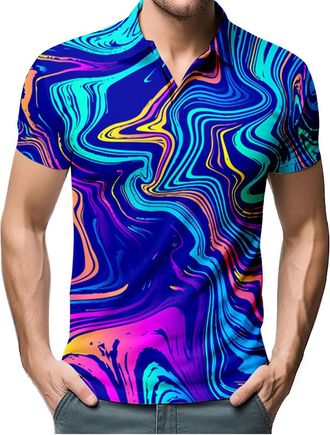 Generic Mens Polo Shirt Stylish Colourful Checked Printed Short Sleeve Golf T-Shirt Lightweight Everyday Work Shirt Classic Casual Polo Shirt Lapel Zip Short 