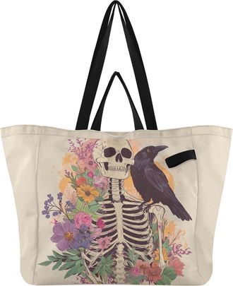 Generic Floral Skeleton Beige pattern Reusable Canvas Tote Bag, Heavy Duty Grocery Shopping Bag with Double Handles Hard Bottom Large Capacity Work Groceries 