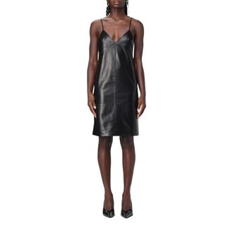 Saint Laurent Kleedjes, Dames, Zwart, S, Leer, Zwarte Leren Slip Dress met V-hals