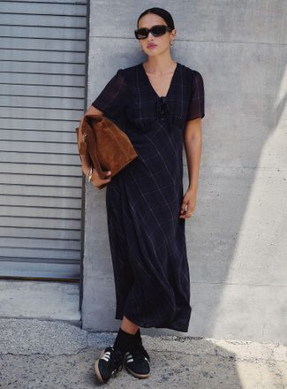 Contemporaine Womens Checked chiffon dress with bow neckline