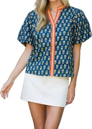 THML Clothing Puff Sleeve Floral Detailed V Neck Top In Blue