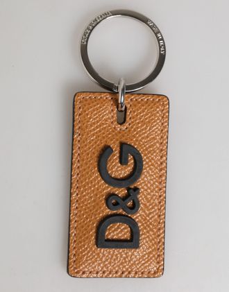 Dolce & Gabbana Brown Leather Logo Metal Ring Keychain Holder Men Keyring Calf
