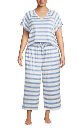 Lands End Cooling Pajama Set - Short Sleeve Top and Crop Pants in Misty Blue Stripe at Nordstrom, Size 2X