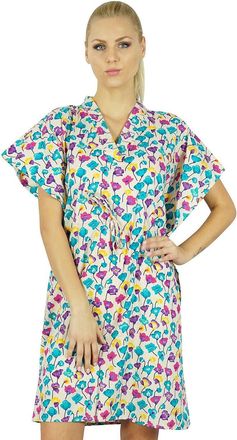 Bimba Women Printed Cotton Mini Beach Kaftan Dress Short Tunic Beachwear Caftan Cover Up Yellow