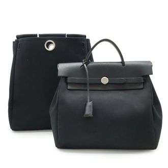 Herm&egrave;s Black Toile Officier Leather Backpack (Pre-Owned)