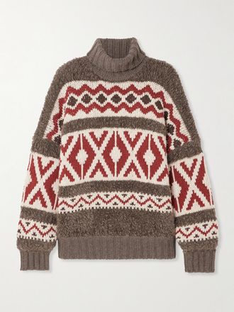 Brunello Cucinelli Pullover A Collo Alto In Misto Mohair E Misto Lana E Cashmere Jacquard - Marrone