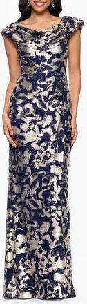 Betsy & Adam Metallic Floral Cowl Neck Sheath Gown in Navy/Gold at Nordstrom Rack, Size 4