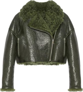 Yves Salomon patent-merino cropped biker jacket - women - Lambskin - 36 - Green