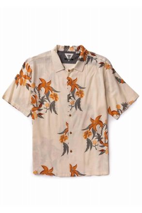 Vissla Mens Hibiscus Haze Eco Short Sleeve Woven Shirt In Cream