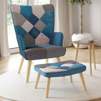 IDMarket Idmarket - Ivar Sill&oacute;n Escandinavo Con Reposapi&eacute;s De Tela Patchwork Y Terciopelo Azul