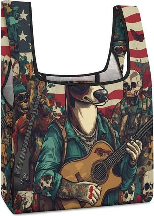 Generic Deer Skull Music Player U.S. Flag Reusable Shopping Bags Lightweight Foldable Grocery Bag Polyester Washable Tote Bag