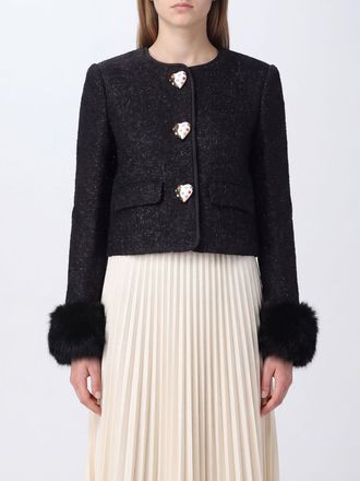 Self Portrait Blazer cropped in boucl&eacute; con bottoni gioiello e polsini in pelliccia