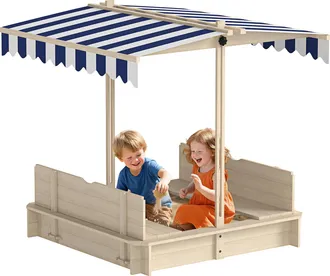 OEM Sabbiera Per Bambini In Legno Con Tettuccio Parasole, Panca E Coperchio, 106x106x115 Cm Bianco E Blu
