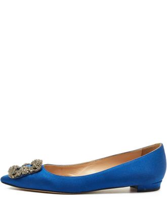 Manolo Blahnik Hangisi crystal-embellished ballet flats - women - Satin/Calf Leather/Calf Leather/Rubber - 36 - Blue
