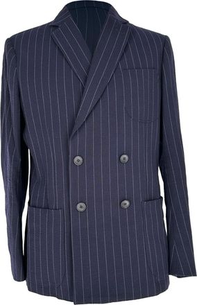 Giorgio Armani Double Breasted Pinstripe Blazer in Navy Blue Wool