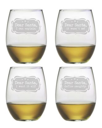 SUSQUEHANNA GLASS Dear Santa Set Of Four Stemless 21Oz Wine Glasses
