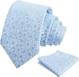 Alizeal Mens Floral Patterned Wedding Party Tie with Pocket Square 8cm Colorful Classic Business Tie Set, Baby Blue-A