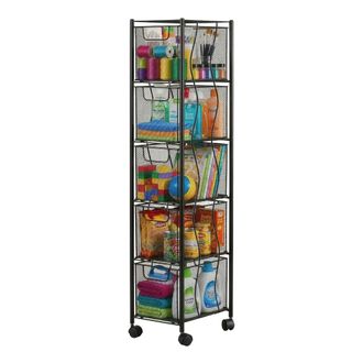 Relaxdays Carrito Relaxdays, 5 Cajones, Metal, 98 X 20 X 28 Cm (al X An X F), 4 Ruedas, Cocina, Ba&ntilde;o, Nichos, Negro