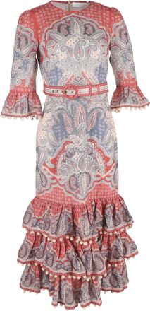 Zimmermann Pre-owned Womens Belted Paisley-Print Midi Tiered Dress in Multicolor Linen - Multicolour - Size 12 UK