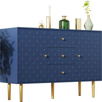 STILVORA C&oacute;moda Con 2 Puertas Y 3 Cajones, Estante Ajustable, Patr&oacute;n De Escamas, Estilo Elegante, En Madera Y Metal, 120&times;40&times;83 Cm, Azul Marino