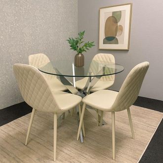 Kosy Koala Modern Round Glass Dining Table Set With 4 Cream Gem Pattern Chairs Dining Room Furniture