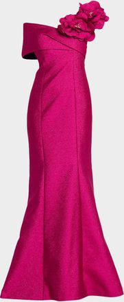 Teri Jon One-Shoulder Floral Applique Mermaid Gown