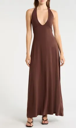 PacSun Alexa Plunge Halter Neck Midi Dress in Brown at Nordstrom, Size Xx-Small