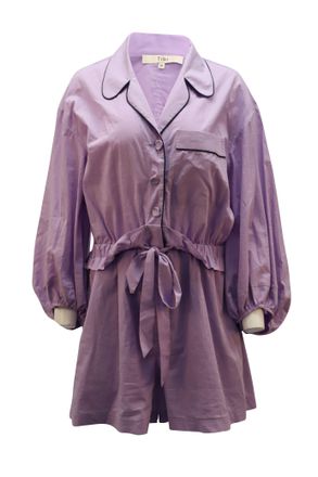 Tibi Baptise Pajama Romper with Waist Tie in Purple Cotton
