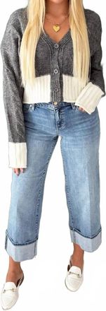 Elan Two Tone V-Neck Button Front Sweater In Grey/white