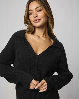 Splendid Jet Set Polo Sweater Womens Black Cable Knit V Neck Pullover GBO3771