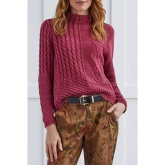 Tribal Cable Funnel Neck Sweater In Red Plum