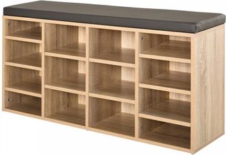 HOMCOM 14-Shelf Shoe Storage Unit - with Cushion Top - Wood-Effect | TJ Hughes