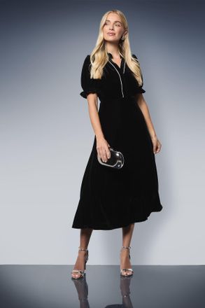 Wallis Womens Petite Velvet Embellished Midi Dress - Black - Size 14 UK