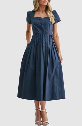 Mila Mae Pintuck Detail Cotton Midi Dress in Navy at Nordstrom, Size X-Large