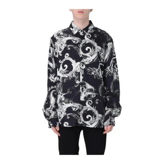 Versace Jeans Couture Casual Shirts, male, Black, Size: S Baroque Print Silk Shirt Long Sleeve