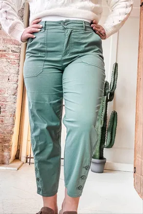 Tribal Fly Front Ankle Pants With Button Vent In Moss