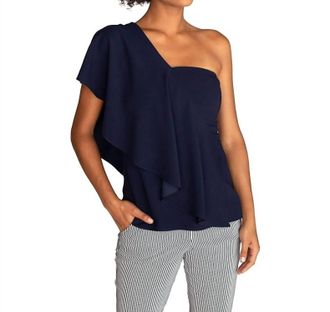 Trina Turk Glamorous One-Shoulder Flounce Top In Indigo