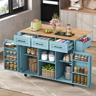 Merax Kitchen Island Trolley with Foldable Worktop, Kitchen Storage Cabinet in Blue